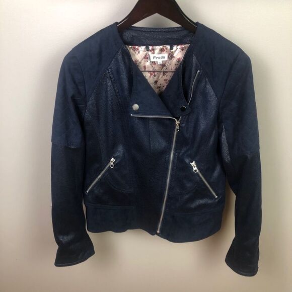 Freda (UK Boutique) Blue Biker Moto Jacket Size 12 - Picture 2 of 11